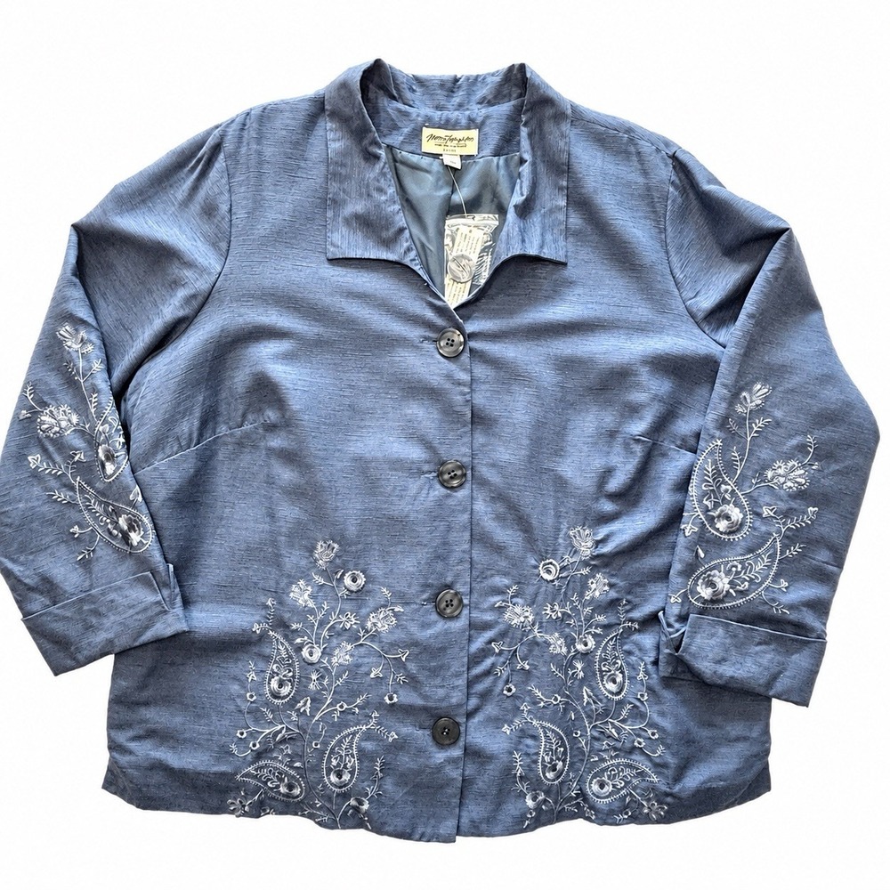 Norm Thompson Womens 2X Blue Silk Embroidered Floral Paisley Jacket Blazer NWT